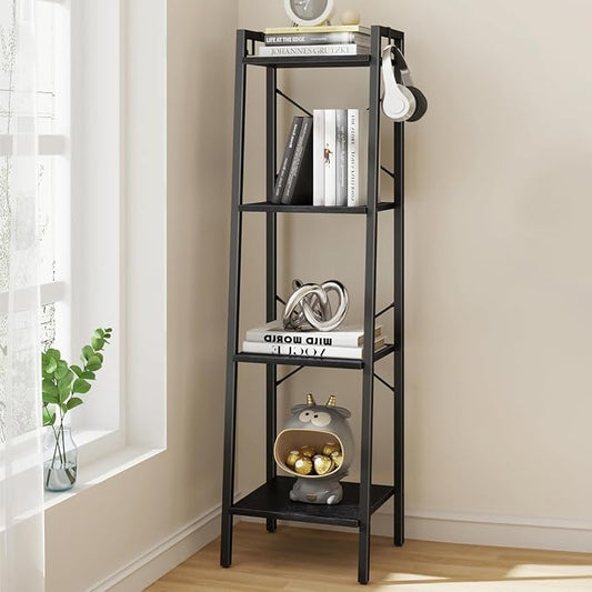 Hzuaneri Ladder Shelf, Bookshelf Bookcase, Freestanding Corner Storage Shelve with 2 Hooks for Home Office, Living Room, Kitchen, Bedroom, Industrial, 11.8" D x 13.4" W x 47.2" H, Black BC13204B