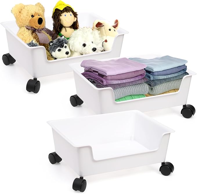 Noamus 3 Pack Under Bed Storage, Underbed Toys Storage Containers with Wheels, Plastic Bedroom Storage Organization, Under Bed Storage Bins Drawer For Clothes Blankets Shoes Books, White