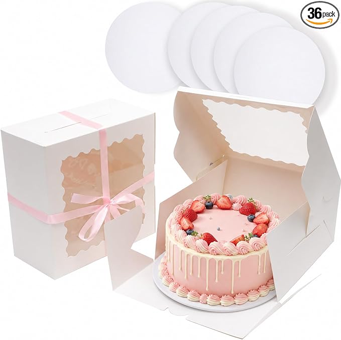 qiqee 10"x10"x5" Cake Box, 36 Sets White Cake Box with Window ＆ 36 Sets 10" White Cake Round Boards, for Cake, Treat Cookie Dessert, Pastry, Birthday Party, Weddings