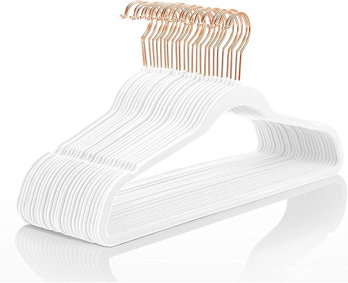MIZGI Premium Velvet Hangers (60 Pack) Heavy Duty - Non Slip Felt Hangers - Velvet Suit Hangers White - Rose Gold Hooks,Space Saving Clothes Hangers