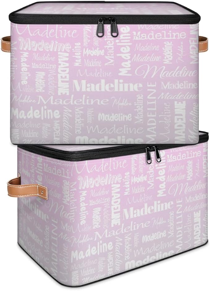Custom Storage Basket with Name, Personalized Keepsake Box with Zipper Lid, Foldable Fabric Memory Bin Large capacity with Handle Grey Pink Gradient