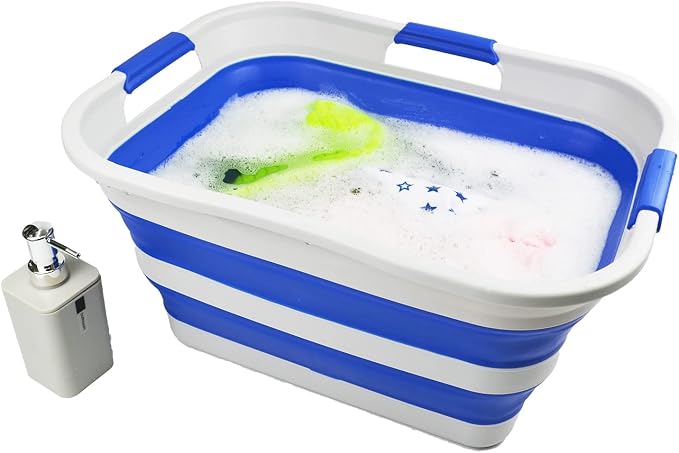 SAMMART 30L(8 gallon) Collapsible Plastic Laundry Basket - Foldable Pop Up Storage Container/Organizer - Space Saving Hamper/Basket - Water Capacity 24L(6.3 gallon) (1, Grey/Purplish Blue)