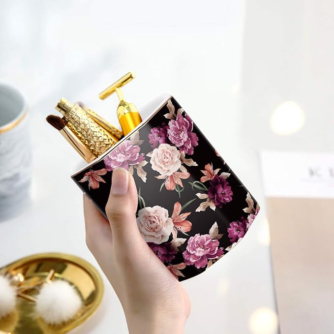 Pen Holder, Pencil Holder for Desk Floral Pattern Pencil Cup for Girls Kids Durable Ceramic Desk Organizer Makeup Brush Holder for Office, Classroom, Home, Black Flower