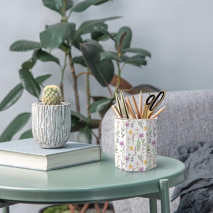 Ceramic Floral Pencil Pen Holder, Cute Stationery Holder for Office, Makeup Brush Holder for Girl Women, Pretty Flower