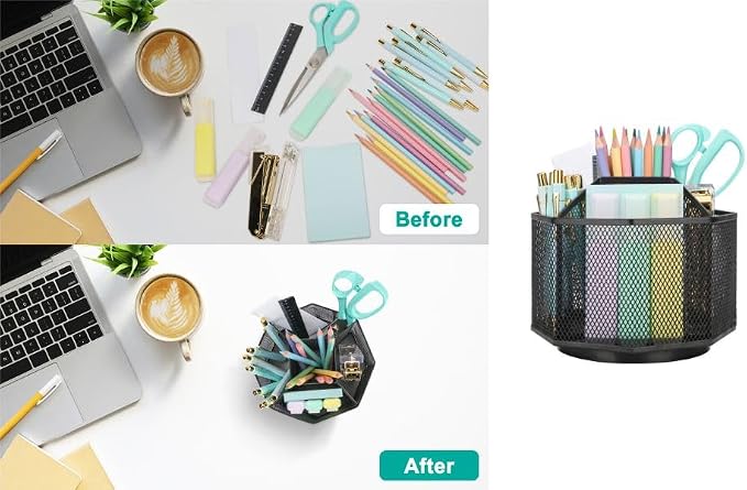 Exerz Desk Organiser/Mesh Desk Tidy Candy/Pen Holder/Multifunctional Organiser 360 Rotating