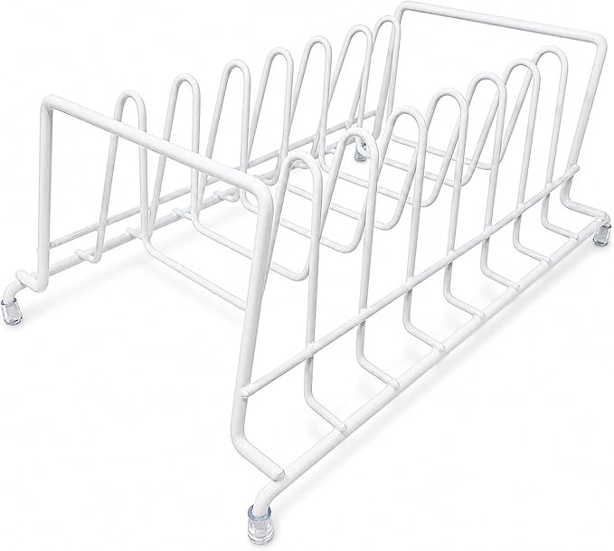 Huji Plates Holder Pots Pans Lid Organizer Rack for Cabinet, Pantry or Kitchen Counter (ONE, WHITE)