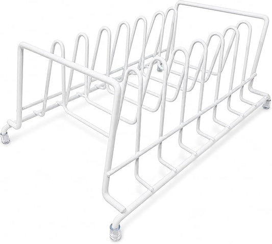 Huji Plates Holder Pots Pans Lid Organizer Rack for Cabinet, Pantry or Kitchen Counter (ONE, WHITE)