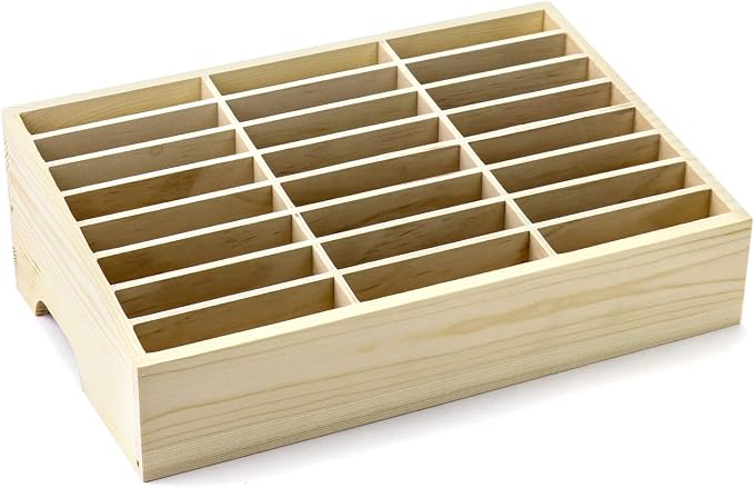 QWORK Wooden Cell Phones Storage Box 24-Grid, Desktop Mobile Phone Holder Management Storage Box Organizer, Multi Cell Phone Rack Display