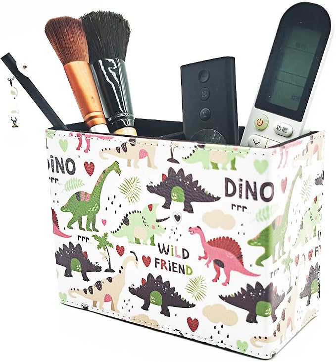 Pen Holder, Rectangle Vintage Pencil Holder with 2 Compartments, PU Leather Art Remote Control Holder Organizer Storage for Desk Accessory (Dinosaur)