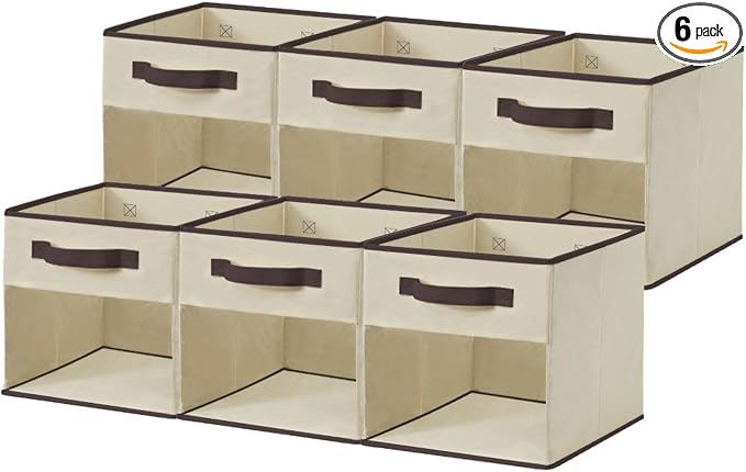 DECOMOMO Storage Bins, Cube Storage Bin with Window | 11" Cube, 6 Pack, Fabric Storage Cubes for Shelves (Beige)