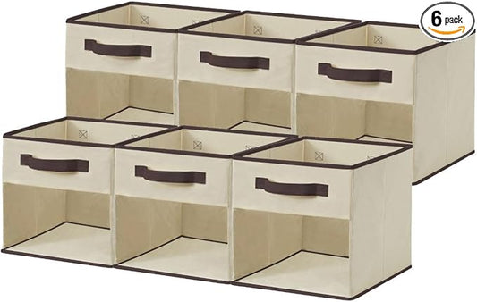 DECOMOMO Storage Bins, Cube Storage Bin with Window | 11" Cube, 6 Pack, Fabric Storage Cubes for Shelves (Beige)