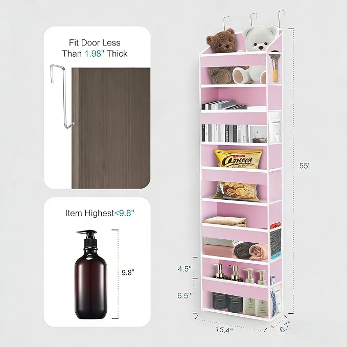 Over The Door Organizer Closet,5 Bins 10 Side Pockets,Hanging Door Organizer,Anti Tilt 44 lbs Load Organizers and Storage with Clear Window for Bedroom,Nursery,Rv,Bathroom,Camper(Pink)