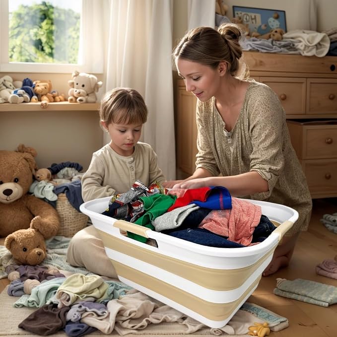 SAMMART 42 (11 Gallons) Collapsible Plastic Laundry Basket, Foldable Pop Up Storage Container/Organizer, Space Saving Hamper, Portable Bin for Dorm Room Bathroom (1, White/Beige)