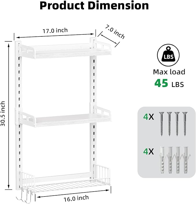 Kalrin 3 Tier Bathroom Shelves Over Toilet - Wall Mounted Floating Shelves with Drain Basket, Toilet Paper Storage, Height Adjustable Over The Toilet Storage, Pure White