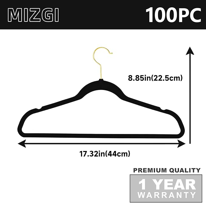 MIZGI Premium Velvet Hangers Pack 100 Pcs Heavyduty - Non Slip Slimline - Velvet Suit Hangers Black - Gold Hooks,Space Saving Clothes Hangers