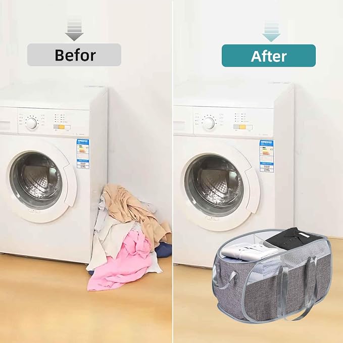 Collapsible Laundry Baskets, 2 Compartment Pop Up Mesh Hamper Foldable 75L Large Capacity Dirty Cloths Basket, Lightweight Foldable Laundry Basket for LaundryRoom, Bathroom or Travel (Grey)