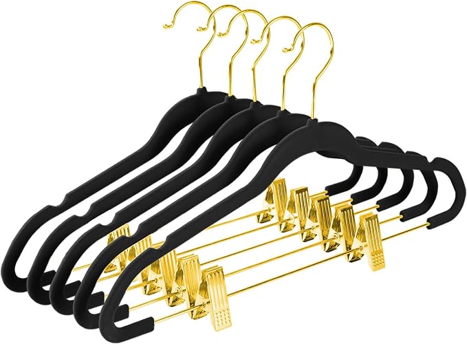 MIZGI Premium Velvet Pants Hangers with Adjustable Clips (Pack of 30) Slim Skirt Hangers- Non Slip Felt Outfit Dress Hangers Black - Gold Hooks,Space Saving Shirt Clothes Hangers