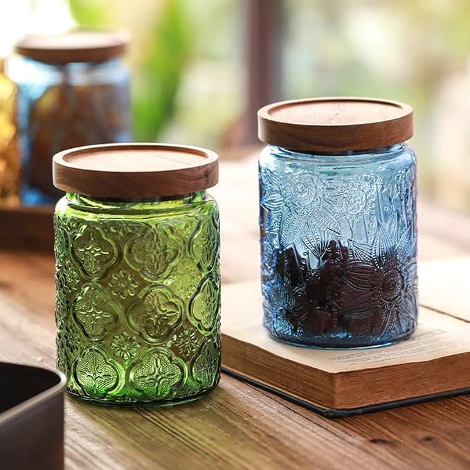 Set of 2 Vintage Blue Glass Storage Jars, 23.7 oz Mason Jars with Lids for Kitchen Pantry, Candy, Flour, Coffee, Pet Food, Decorative Kitchen & Home Decor (Blue, 2 Pack)