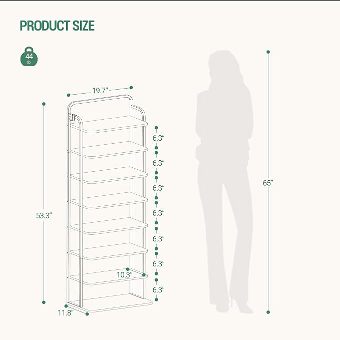 Hzuaneri 8 Tiers Widened Vertical Shoe Rack, Narrow Shoe Tower, Tall Shoes Shelf with 2 Hooks, Adjustable Shelves, Corner Shoes Shelves for Small Spaces, Entryway, Living Room, Rustic Brown SR12501B