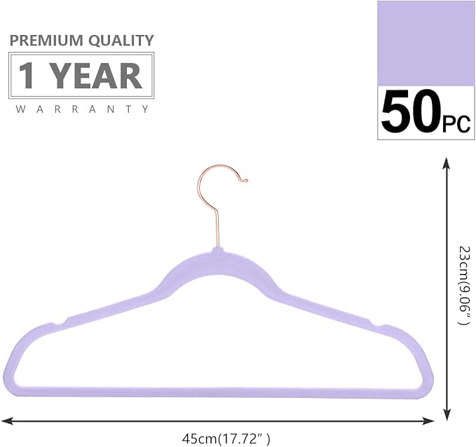 MIZGI Premium Velvet Hangers (50 Pack) - Heavy Duty Non Slip Felt Suit Hangers - Light Purple Rose Gold Hooks, Space Saving