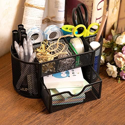 Desk Organizer, Office Supplies Pen Holder Organizers Multi-Functional Mesh Desk Organization Storage with 8 Compartments and 1 Drawer Stationery Caddy Oval for Office School Home Supply