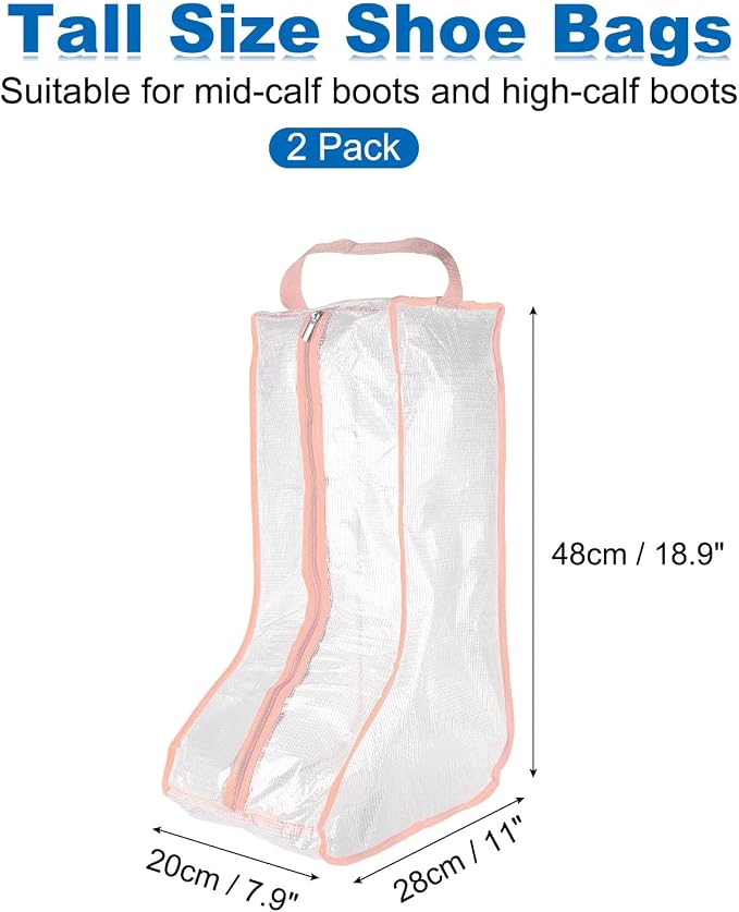 uxcell 2Pack Boot Storage Bag Portable, PVC Shoe Storage Bag with Zipper Clear Boots Cover Protector Bag for Short Boots and Tall Boots Storage Travel and Daily Use, Pink Tall
