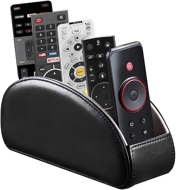 PU Leather Remote Control Holder with 5 Compartments - Storage Tray & Desktop Organizer for TV Remotes,Glasses,Pens,Accessories - Space-Saving Design for Bedside Table & Office Desk (Black)