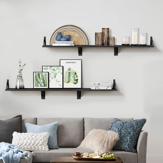 Forbena Black Floating Shelves Bathroom Set of 3, Wooden Wall Book Shelves, Rustic Shelf for Storage, Bathroom Organizer, Living Room, Kitchen, Office (Black)
