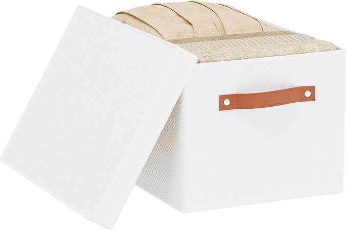 Fabric Storage Baskets,White Box,16.5x11.8x10.2In,1 Pack | Foldable Storage Bins with Lids,Shelves Organizers for Wardrobe,Bedroom,Decorative Closet Cubes for Shoes Towel Book