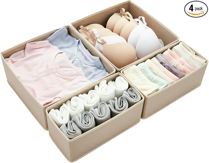 Drawer Organizer Set 4 Pack - Foldable 11" Fabric Storage Bins with Zipper Bottom for Underwear Socks Bras Baby Clothes - Closet Dresser Dividers for Bedroom Nursery, Khaki