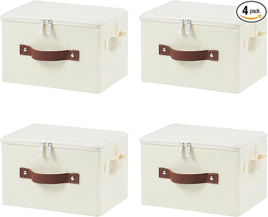 4 Pack Storage Bins with Zipper Lid Cotton Linen Fabric Lidded Storage Baskets Boxes Foldable Washable Closet Shelf Clothes Organizer Container with PU Leather Handles (Beige, Small)