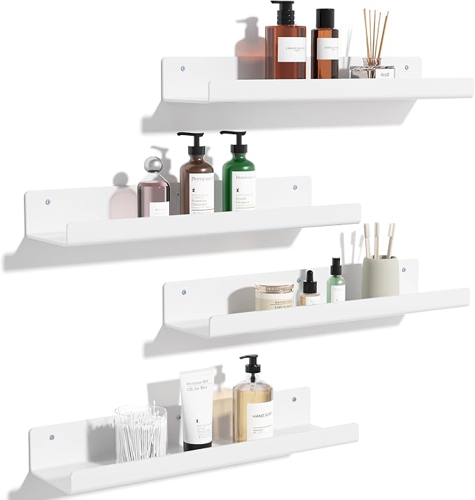 upsimples 4 Pcs 15" Acrylic Shelves for Wall Organize and Display, White | Cute Floating Shelf for Perfume, Skincare, Nail Polish, Wall Organizer for Bedroom, Living Room, Playroom, Room Décor