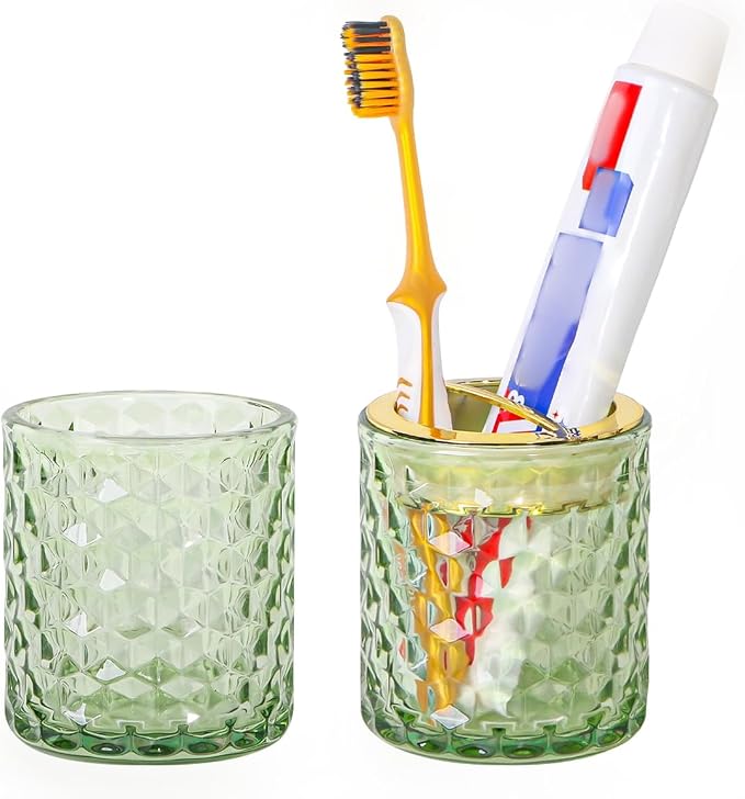 2pcs Green Toothbrush Holders for Bathrooms, Glass Toothbrush Holder and Bathroom Tumbler Set, Gold Tooth Brush Cup Holder, Bathroom Counter Organizer for Brushes, Toothpaste