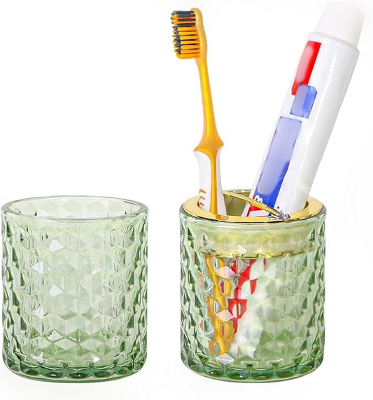 2pcs Green Toothbrush Holders for Bathrooms, Glass Toothbrush Holder and Bathroom Tumbler Set, Gold Tooth Brush Cup Holder, Bathroom Counter Organizer for Brushes, Toothpaste