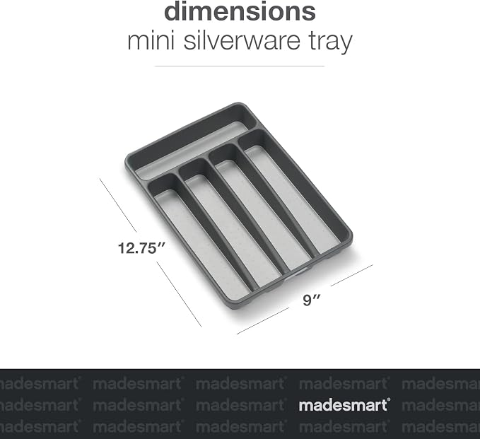 madesmart Small Silverware Tray, 5 Compartment Flatware Organizer for Forks, Knives & Spoons, Non Slip, Soft Grip Lining, Fits Small Drawers, Granite, Classic Mini (Pack of 6)