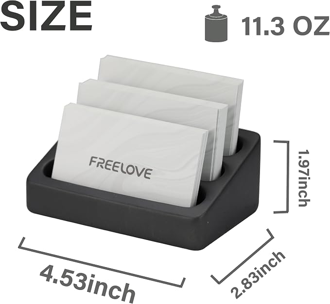 FREELOVE Desktop Card Holder, Concrete, Handmade, 3 Stair 3 Slots, Fits 30-50 Business Cards, Stone Weighted, Smooth Finish, Eva Base, Office Desk Organizer (Black, Small)