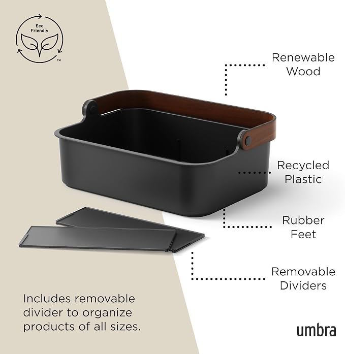 Umbra Bellwood Stackable Bin, 14" x 10" Durable Lightweight Container with Wooden Handle and Removable Dividers, Black/Walnut