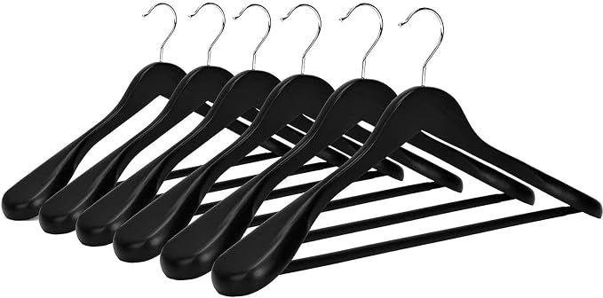 JS Hanger Wooden Suit Hangers, 6 Pack Extra-Wide Shoulder Wood Coat Hangers with Non Slip Pant Bar, Extra Smooth and Splinter Free Black Finish