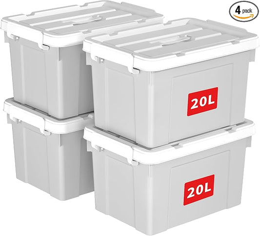 Cetomo Lidded Storage Bin with Handle, Tote Organizing Container with Durable Lid and Secure Latching Buckles, Stackable and Nestable, Plastic, 25 Quart-4 Pack, Gray