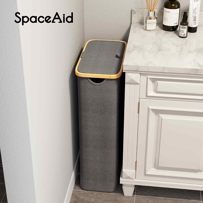 SpaceAid Slim Laundry Hamper with Lid, 65L Narrow Clothes Basket Bin with Bamboo Handles, Skinny Tall Collapsible Hamper for Bedroom, Bathroom, Dorm, Laundry Room - Grey