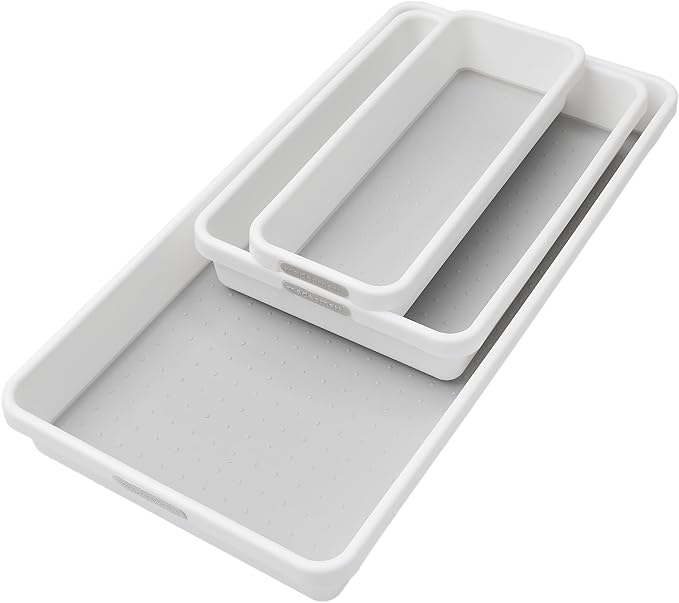 madesmart 3 Bin Drawer Organizer Set, Multi Purpose Storage for Utensils, Office & Bathroom, Organizer for Cutlery, Peeling Tools, Spatulas, Soft Grip Lining, Durable & Easy to Clean, White