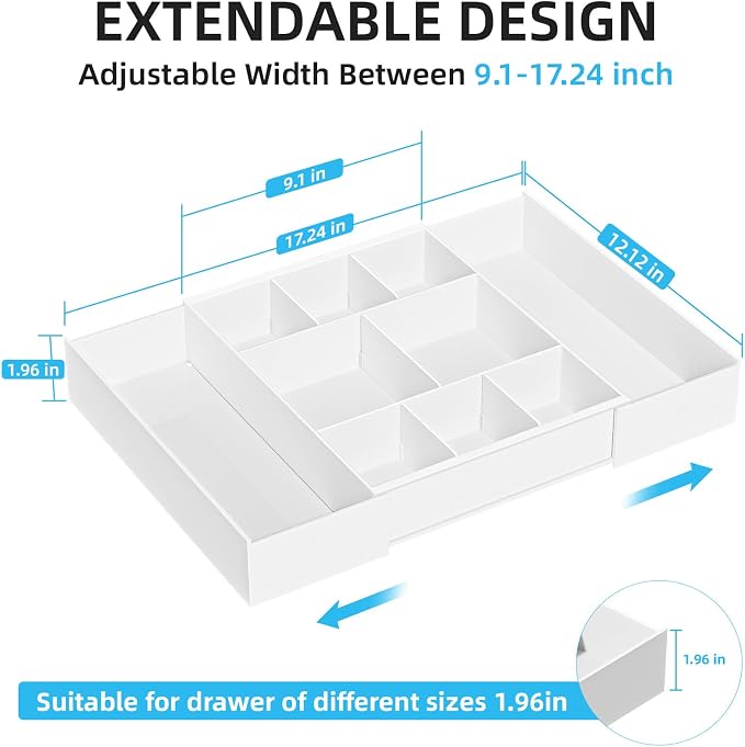 Marbrasse Expandable Desk Drawer Organizer, Clear Plastic Drawer Organizer Tray with 10 Adjustable Compartments, Desk Organizers and Accessories, 5 Drawer Dividers for Office Supplies, Makeup(White)