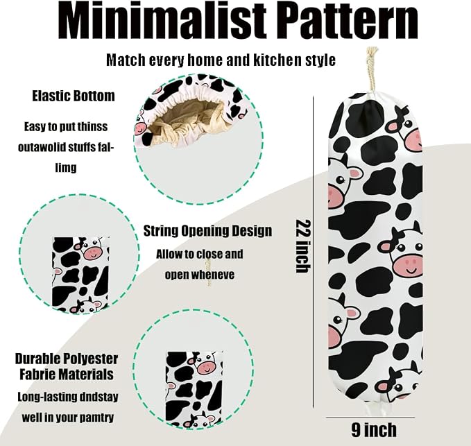2Pcs Cow Plastic Bag Holder 22.5x9 Inch, Cute Cows Wall Mount Plastic Bag Organizer with Drawstring, Reusable Grocery Bags Storage Dispenser for Home Kitchen Pantry Decor, Cow Gifts for Women Mom