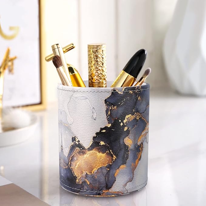 Large Capacity Colored Pen Holder for Desk, Leather Pencil Holder Pen Cup Marker Holder Makeup Brush Holders, Desk Accessories & Workspace Organizers for Home, Office, Gold Marble