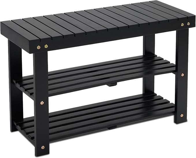 BEEFURNI Wooden Shoe Rack Bench, 3-Tier Wooden Shoe Organizer for Entryway, Aciaca Bench with Shelf, Solid Wood Shoe Storage Bench for Doorway, Hallway, Bathroom, 300 LBS, 1-Year Warranty, Black