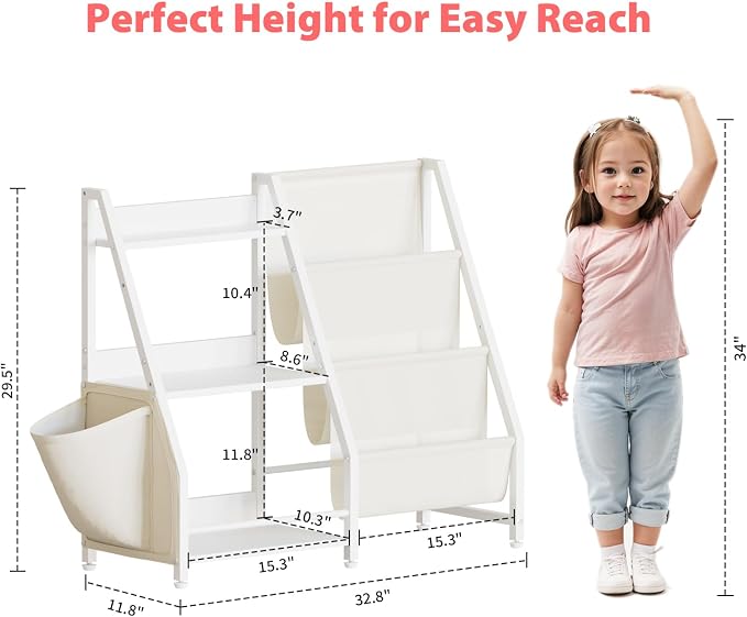 LATIBELL 3 Tier Kids Bookshelf and Toy Storage, Kids Book Sling Shelf, Montessori Baby Toddler Bookshelf for Kid, Kid Bookcase, Toy Storage Organizer (White)