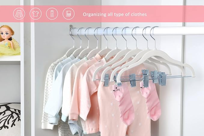ManGotree 11.8'' Baby Velvet Hangers with Movable Clips, Non-Slip Kids Clothes Hangers, Ultra-Thin Space-Saving Children's Felt Hangers for Shirts, Pants, Dresses, Skirts, Jackets (16 Pack, White)