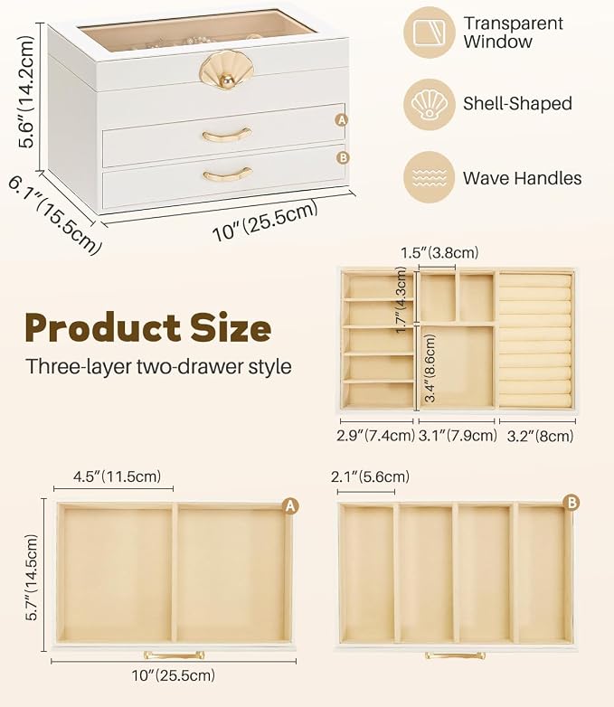 Enthralite Jewelry Box with 2 Drawers: Display Organizer for Earrings Necklaces - Gift for Girls Women (White) | Space-Saving Design for Elegant Vanity Order - Storage for Ring Earring Necklace Bracelet - Suits Women Who Value Style