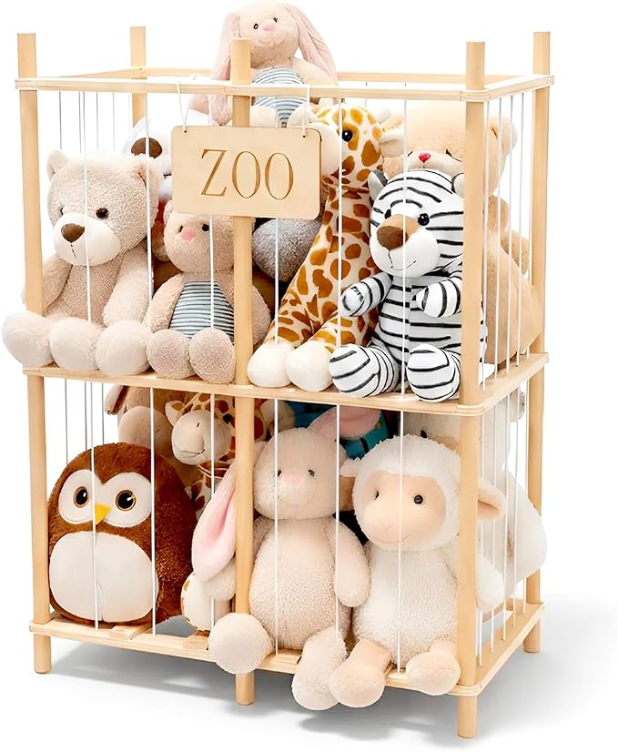 aiwo 30" Extra Wide Large Stuffed Animal Storage Toy Organizer, 38.4" Tall Wooden Display Organizer Holds 70+ Plushies for Kids Room, Playroom, Bedroom, Nursery Decor