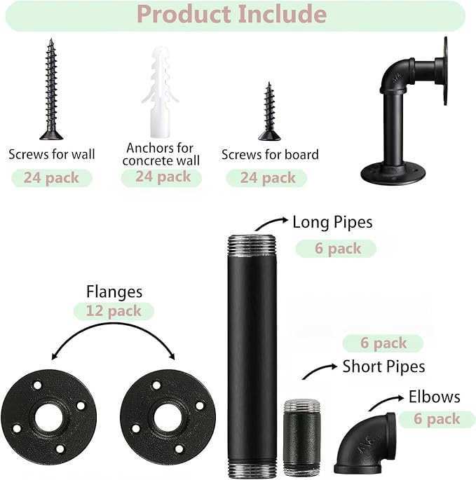 Industrial L Pipe Shelf Brackets for 6-12 in Depth Wood,Heavy-Duty 3/4" Iron,Wall Mount Floating Shelf Bracket L Metal Pipe Shelving Brackets for Wood-Black DIY Pipe Shelves(5.5*3.1 Inch 6 Pack)